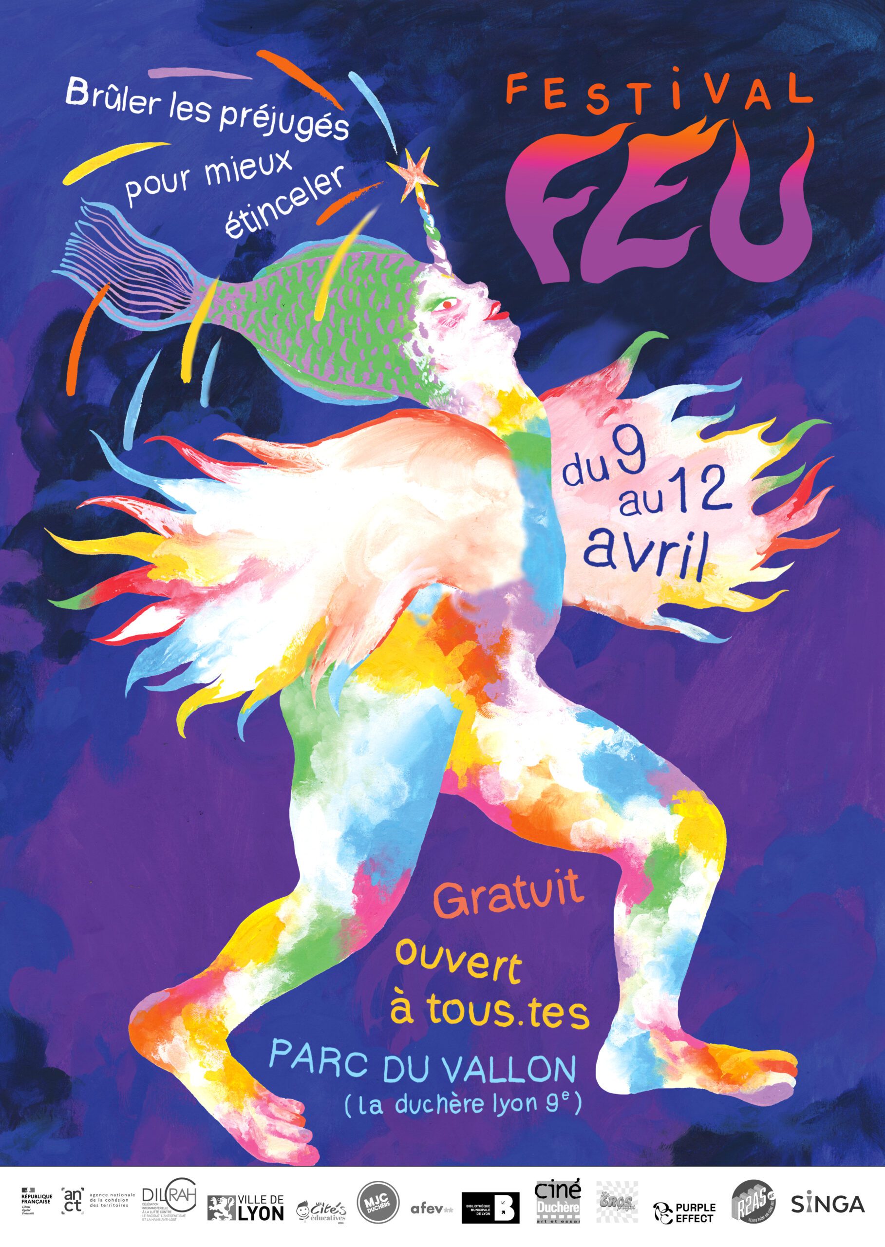 Affiche pour la deuxième édition du festival FEU représentant une chimère colorée avec une coiffe en queue de sirène. Slogan "Brûler les préjugés pour mieux étinceler". Cet évènement aura lieu du 9 au 12 avril 2025 au Parc du Vallon. Ouvert à tous·tes, gratuit.