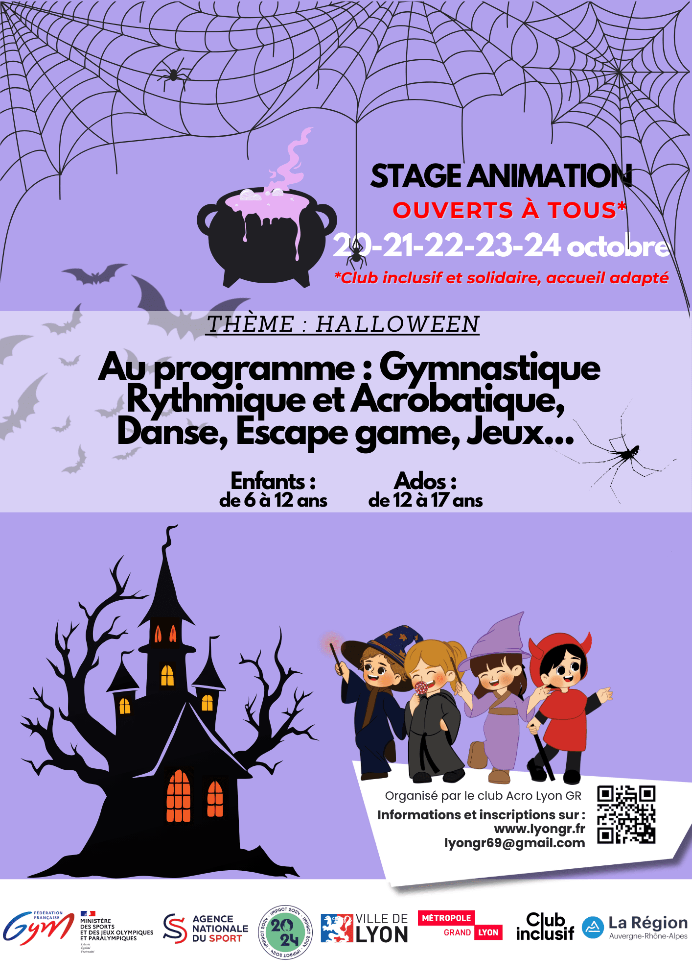Stage de gymnastique au thème Halloween du 20 au 24 octobre pour les enfants de 6-12 ans et ados 12-17 ans.
